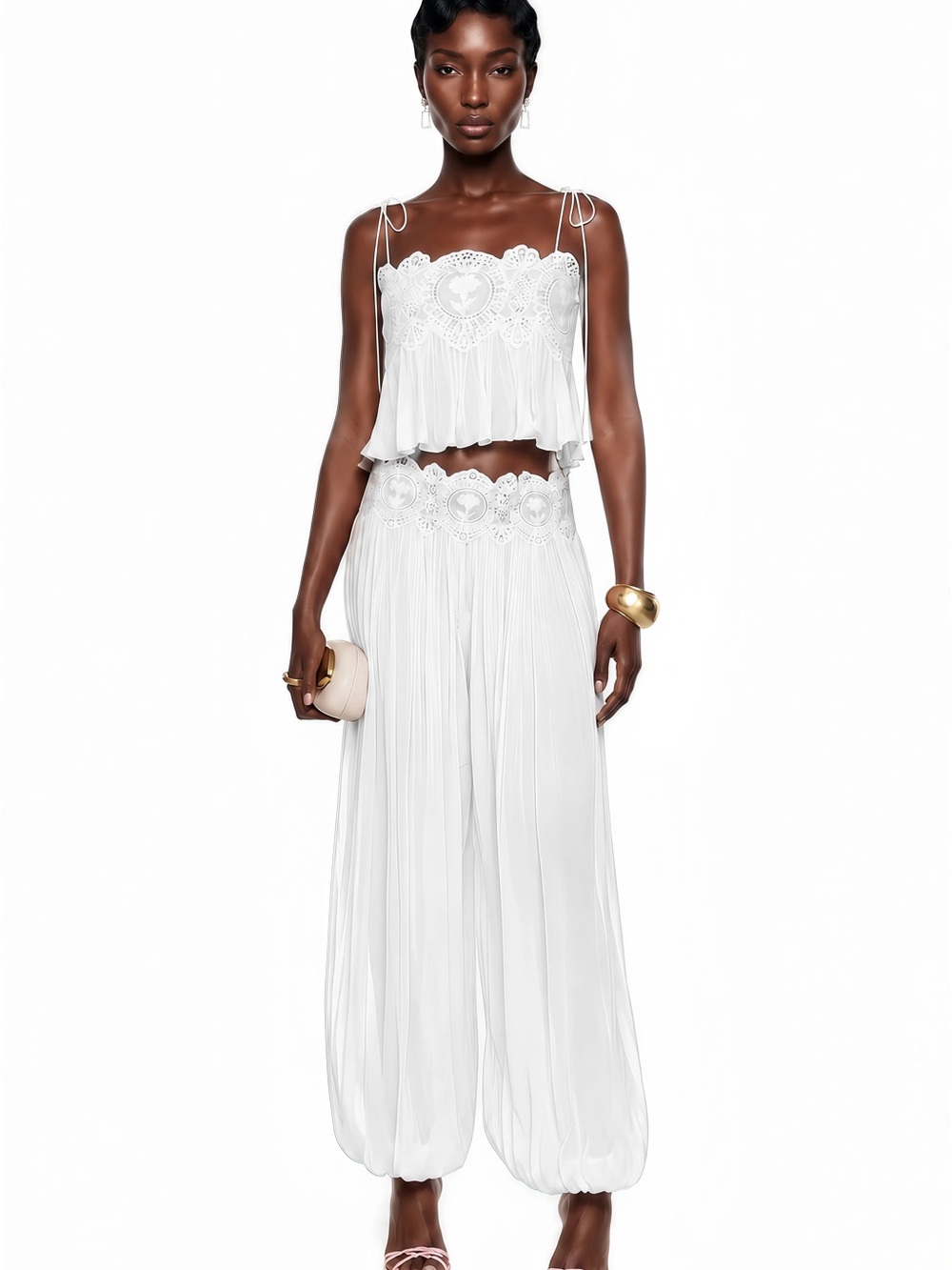 Women's White Lace-Trim Pleated Skirt Set